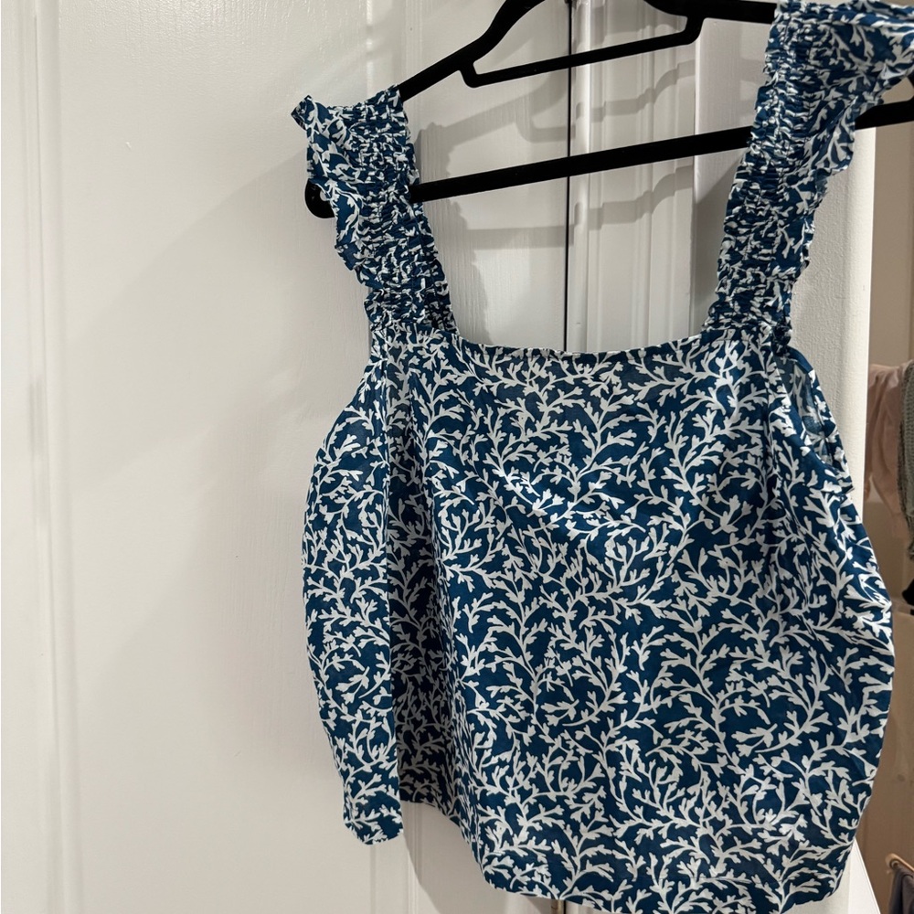 J. Crew Blue and White Floral Top. Light Weight. Ruffled and Smocked Straps